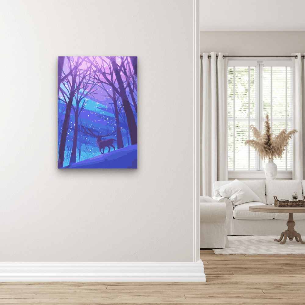 Hirsch in einer Winternacht, Musterbild in der Raumansicht.