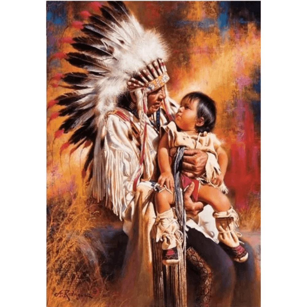 Indianerhäuptling mit einem Kind auf dem Schoss