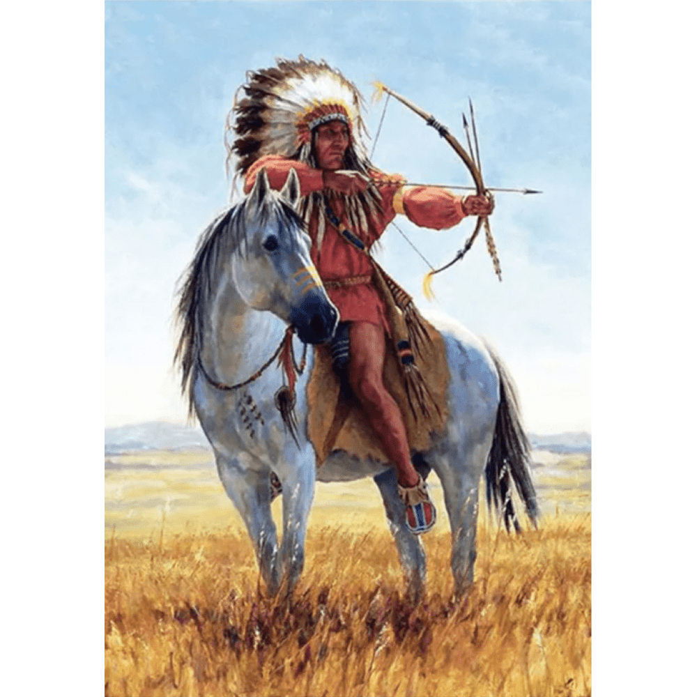 Indianer mit Bogen auf einem Pferd