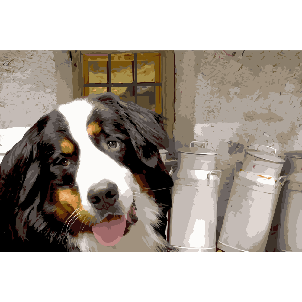 Malen nach Zahlen, Berner Sennenhund bei Molkerei