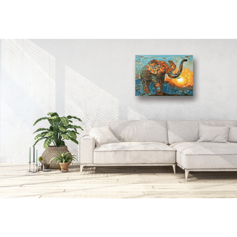 Malen nach Zahlen, Elefant bei Sonnenuntergang, abstrakt