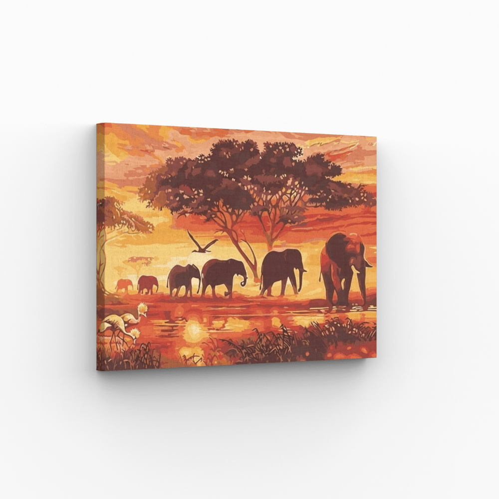 Malen nach Zahlen, Elefantengruppe am Wasser