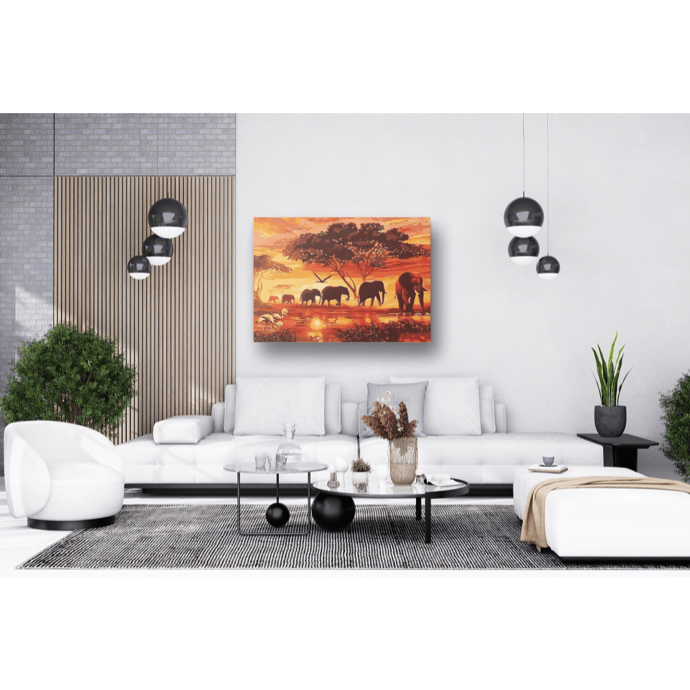 Malen nach Zahlen, Elefantengruppe am Wasser