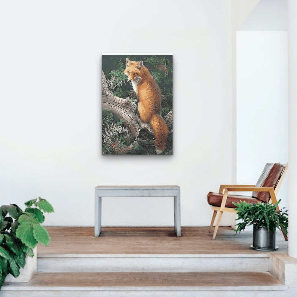 Malen nach Zahlen, Fuchs auf Baumstamm bei Nacht