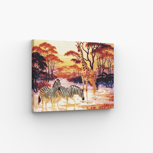 Malen nach Zahlen, Giraffe und Zebras am Wasser