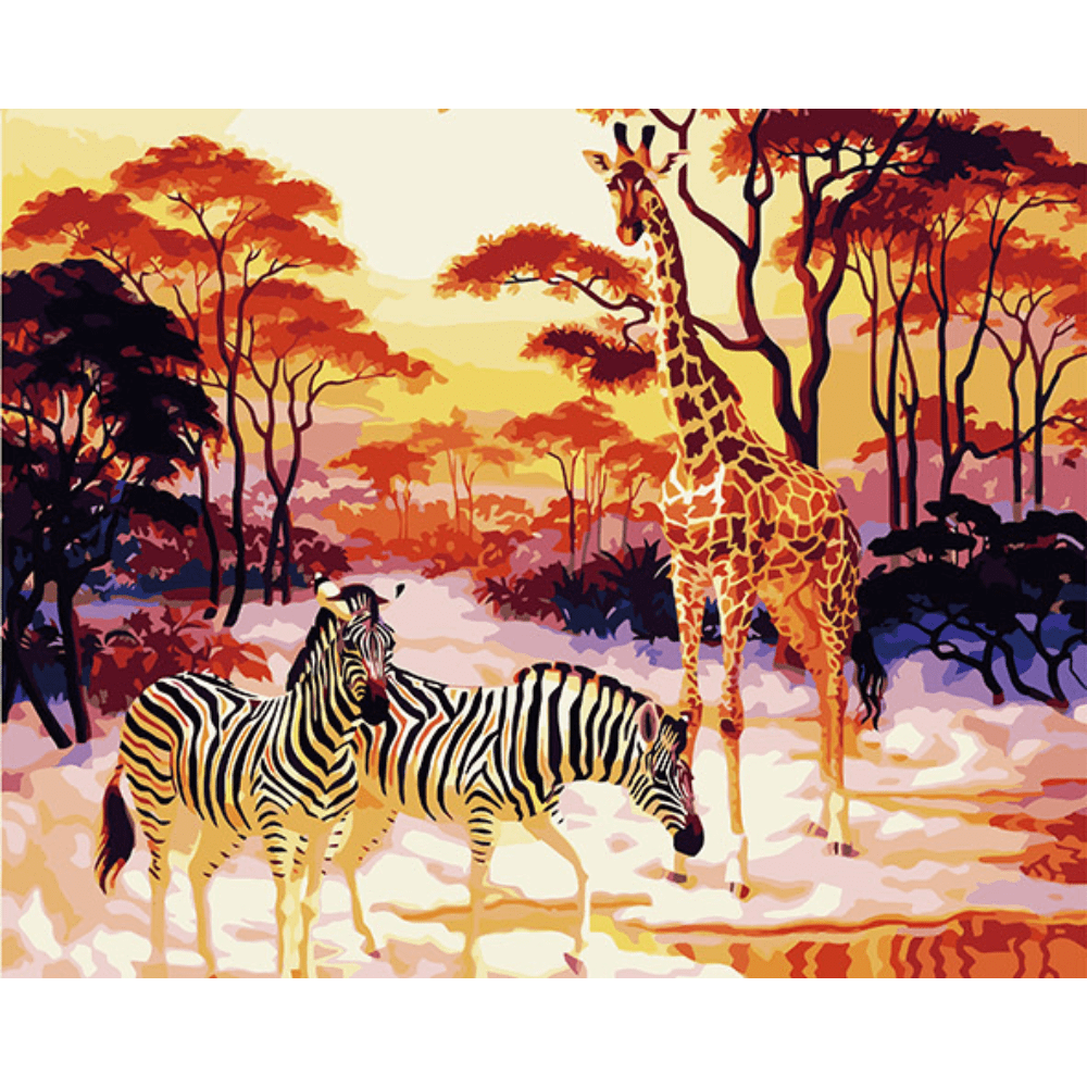 Malen nach Zahlen, Giraffe und Zebras am Wasser