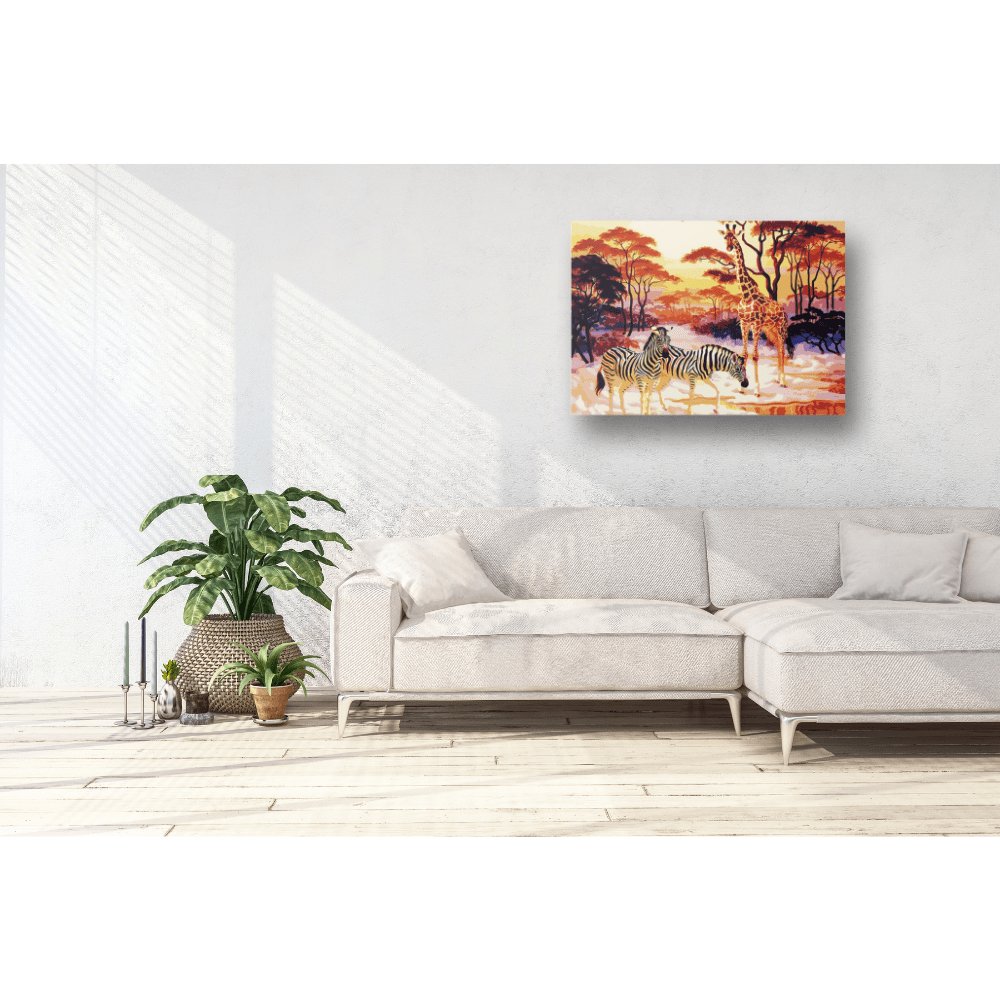 Malen nach Zahlen, Giraffe und Zebras am Wasser