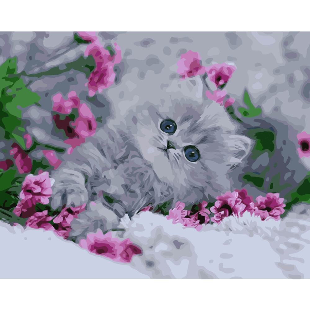 Malen nach Zahlen, Kätzchen mit Blumen