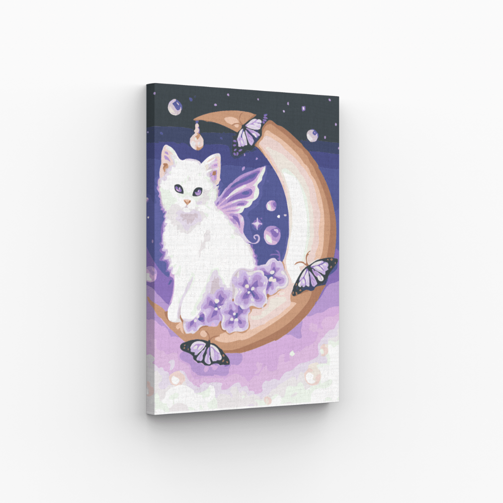 Malen nach Zahlen, Kätzchen weiss mit Mond, Kinderbild