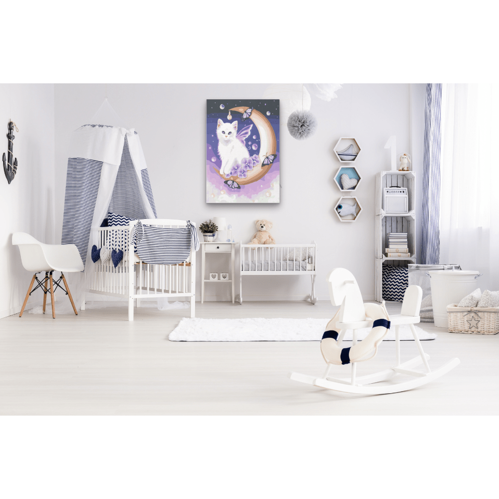 Malen nach Zahlen, Kätzchen weiss mit Mond, Kinderbild