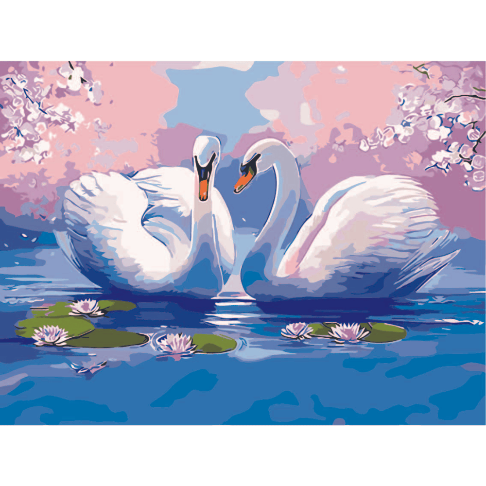 Malen nach Zahlen, Paar Schwäne mit Seerosen und Kirschblüten