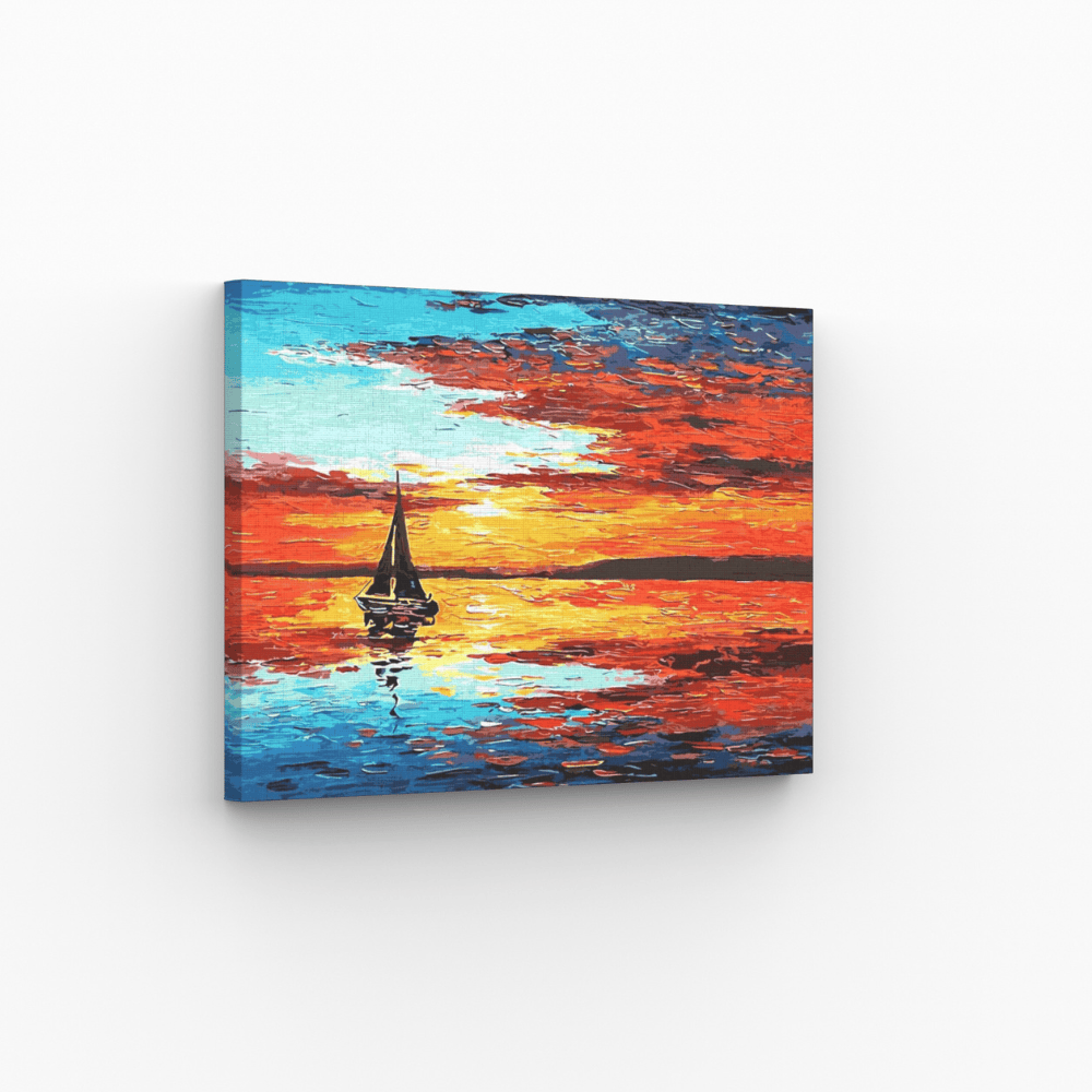Malen nach Zahlen, Segelboot bei Sonnenuntergang