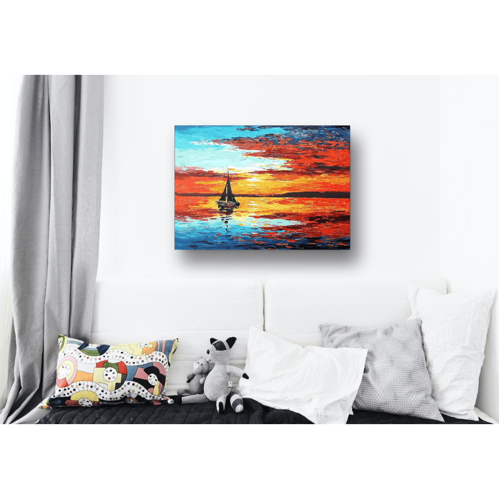 Malen nach Zahlen, Segelboot bei Sonnenuntergang