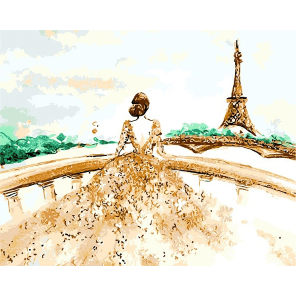 Dame auf Balkon mit Eiffelturm