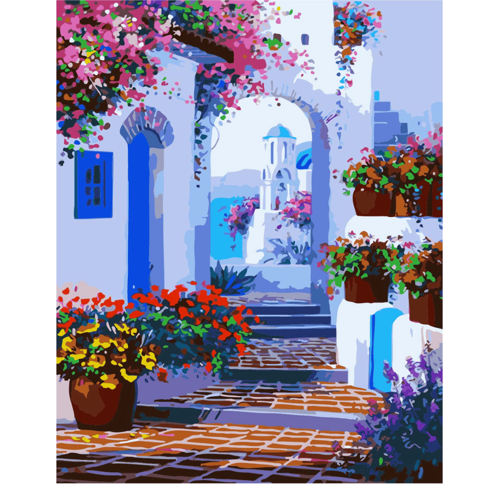 Malen nach Zahlen, Santorini, Gasse mit Blumen